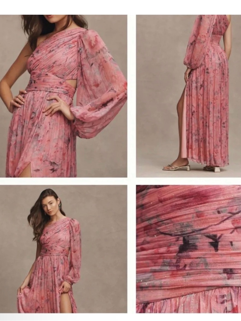 BHLDN ‘Iris’ Pink Floral Chiffon One Shoulder Maxi Dress Please Read Description